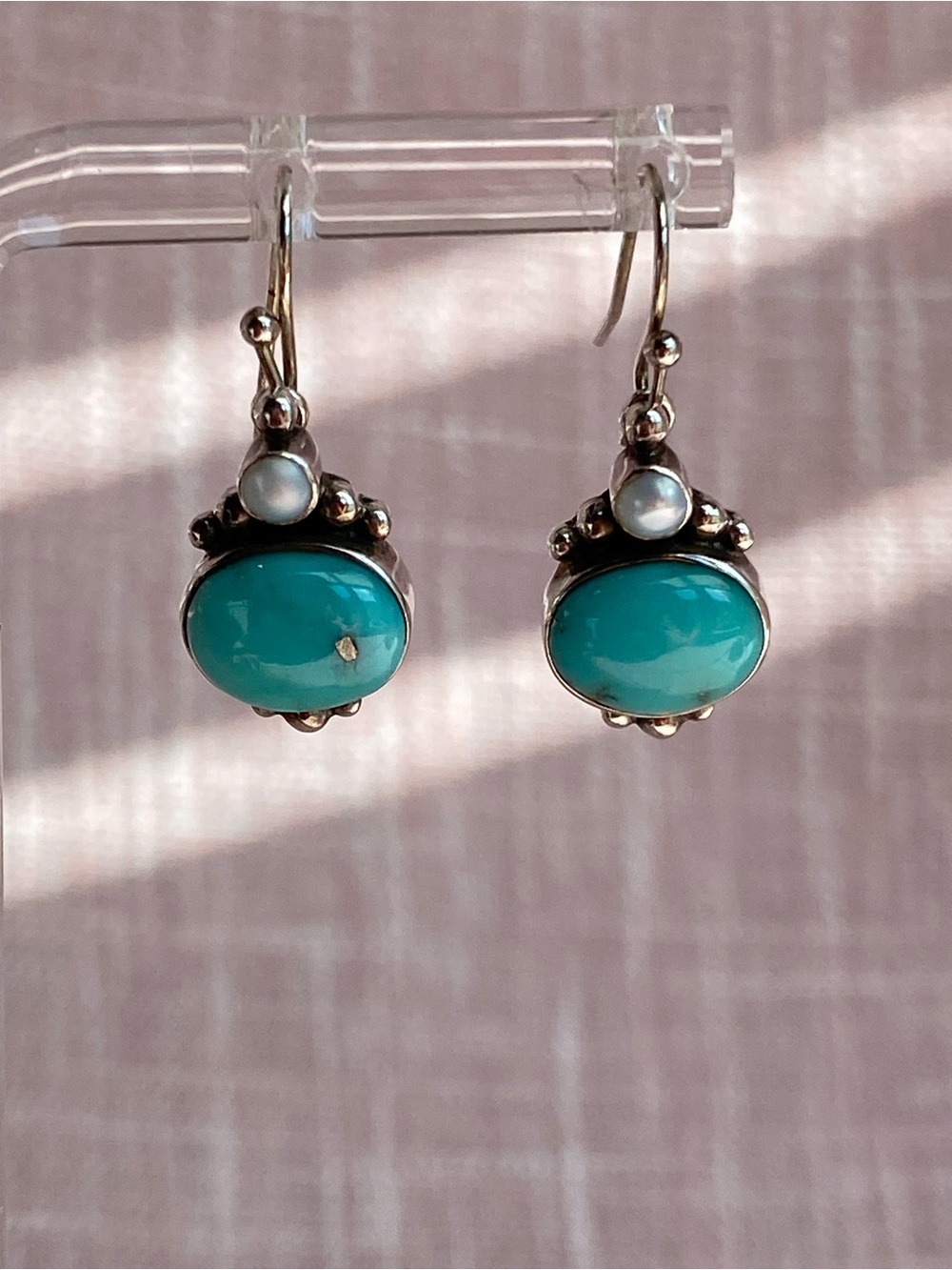 Sterling Silver Genuine Turquoise and Pearl Drop Earrings